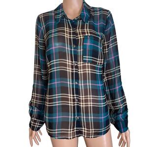 ModCloth blue, black and white plaid button up semi sheer collared blouse/top